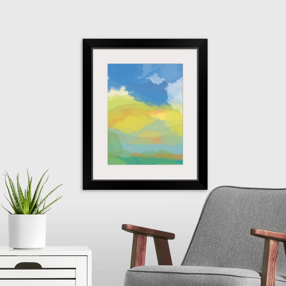 A modern room featuring Abstract artwork resembling a deep blue sky over a yellow and green landscape.