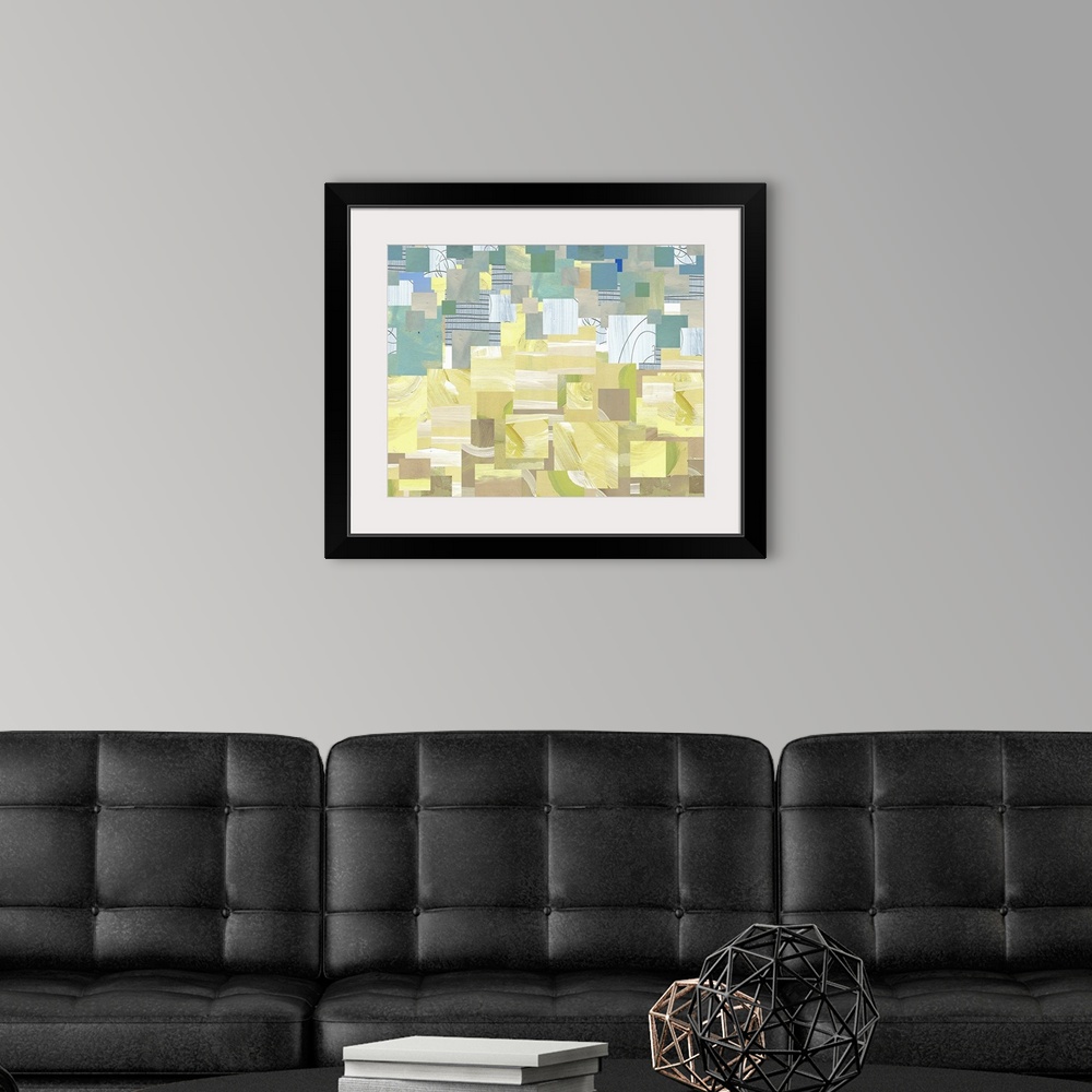 A modern room featuring Large, horizontal, contemporary art for a living room or office of layered squares of various siz...