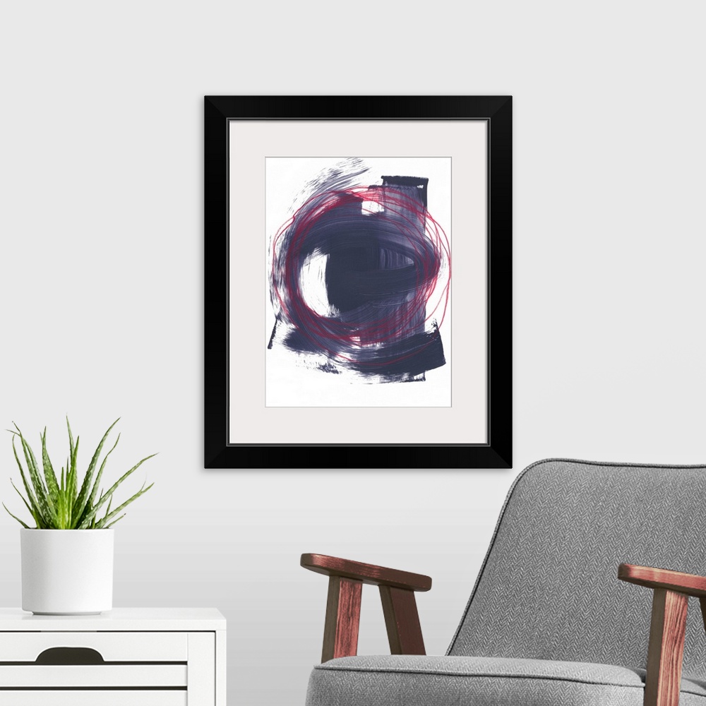 A modern room featuring Abstract painting of multiple red circles intertwining, with strokes of paint in dark purple on t...