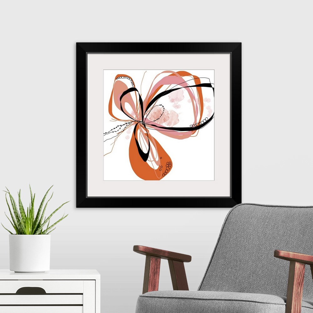 A modern room featuring a bright floral with flowing lines of intertwined colors like coral, pink, orange and black.