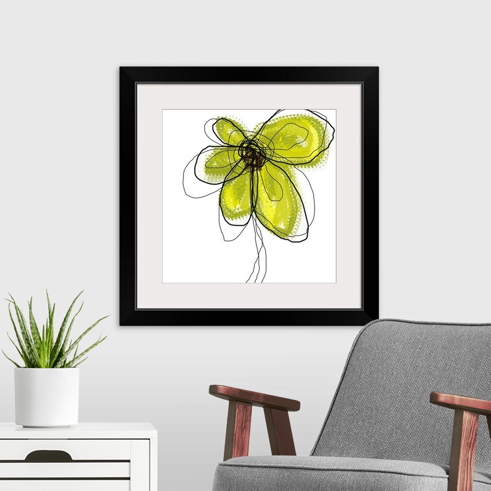 A modern room featuring This contemporary art work depicts a blossom created with digital brushstrokes on a square shaped...