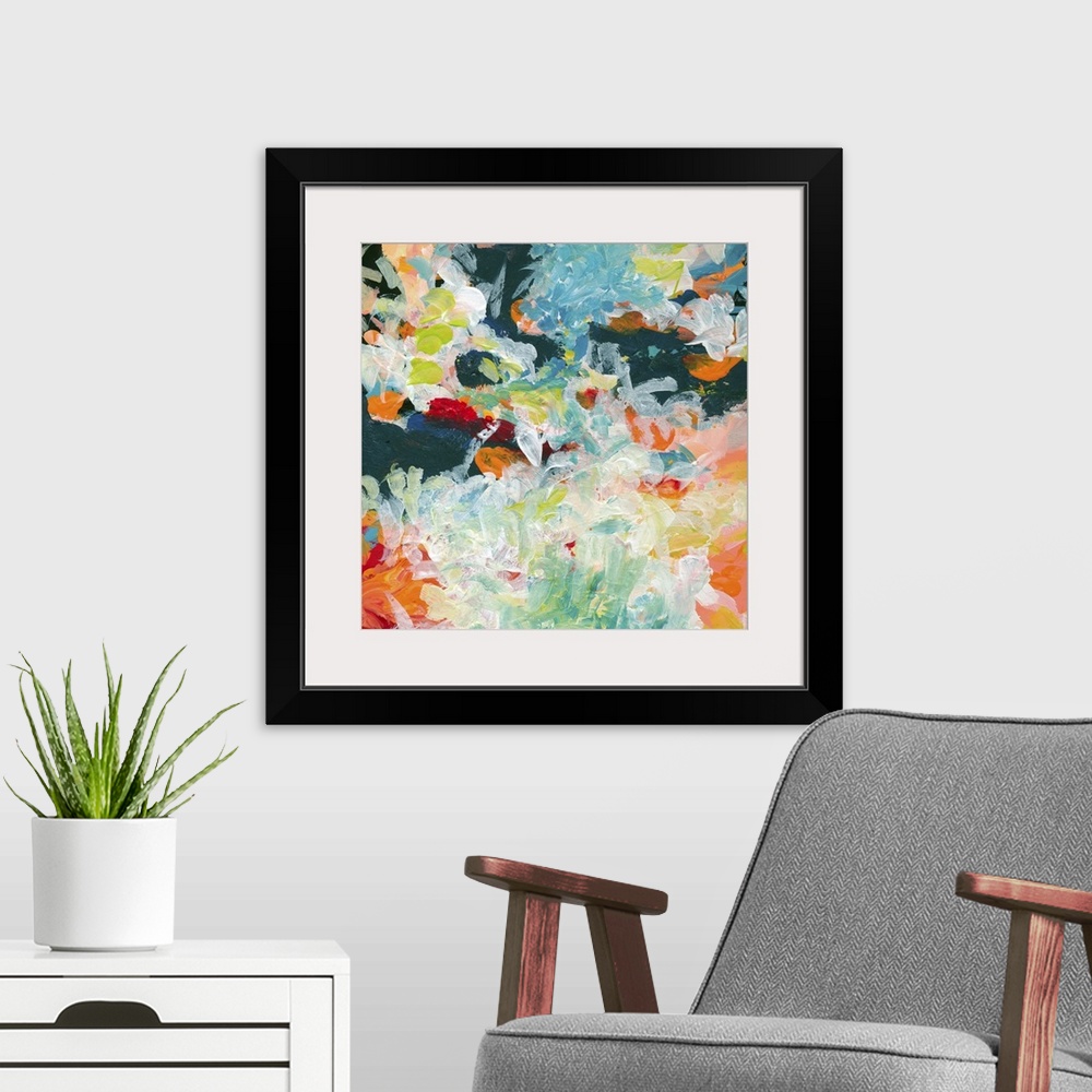 A modern room featuring an abstracted landscape with energetic painterly movements like the earth from the distance. Colo...