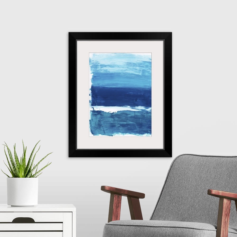 A modern room featuring Vertical abstract landscape painting of an ocean using horizontal, broad brush strokes in blue an...