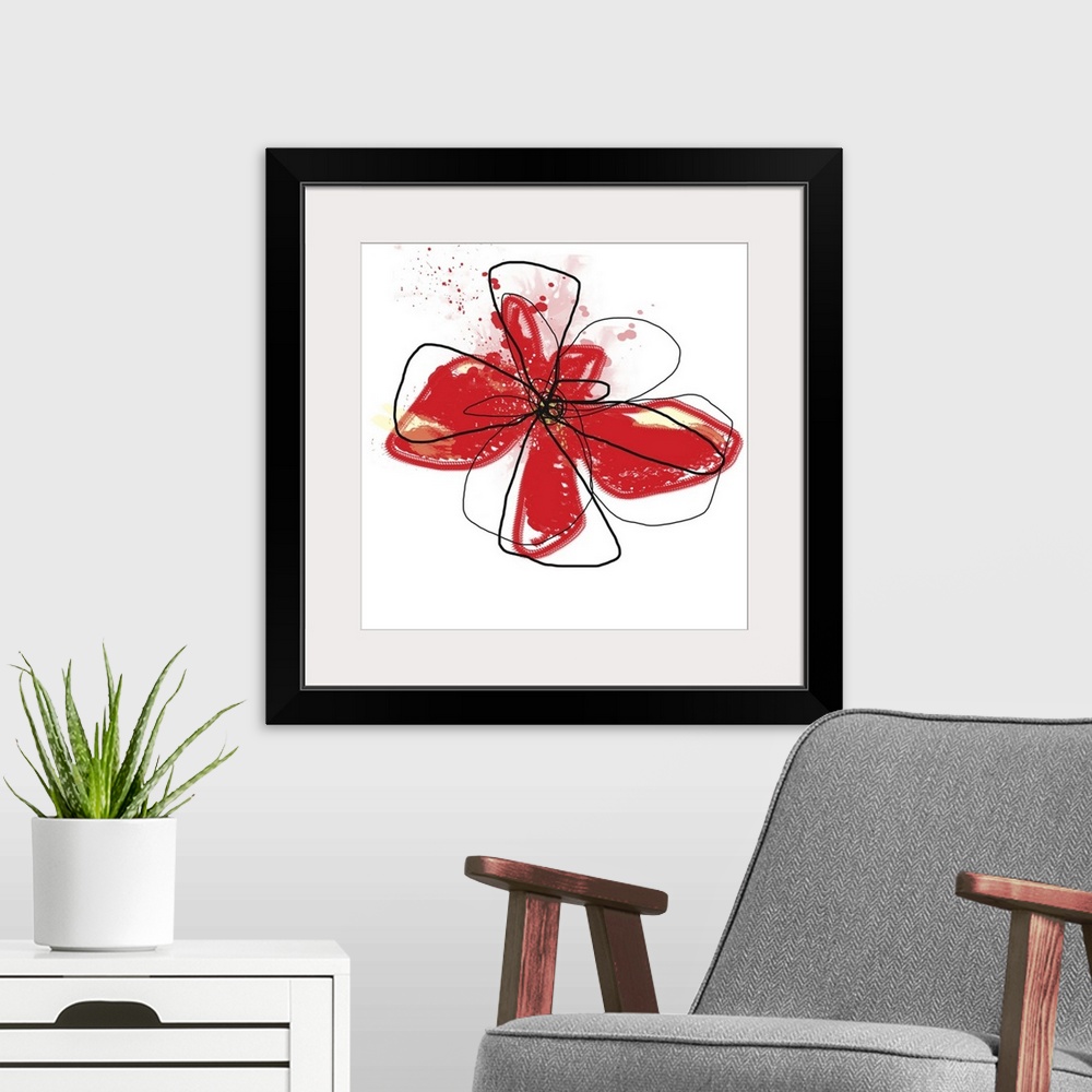A modern room featuring Mixed digital art piece of and outline of a flower head with vibrant color paint splashes represe...