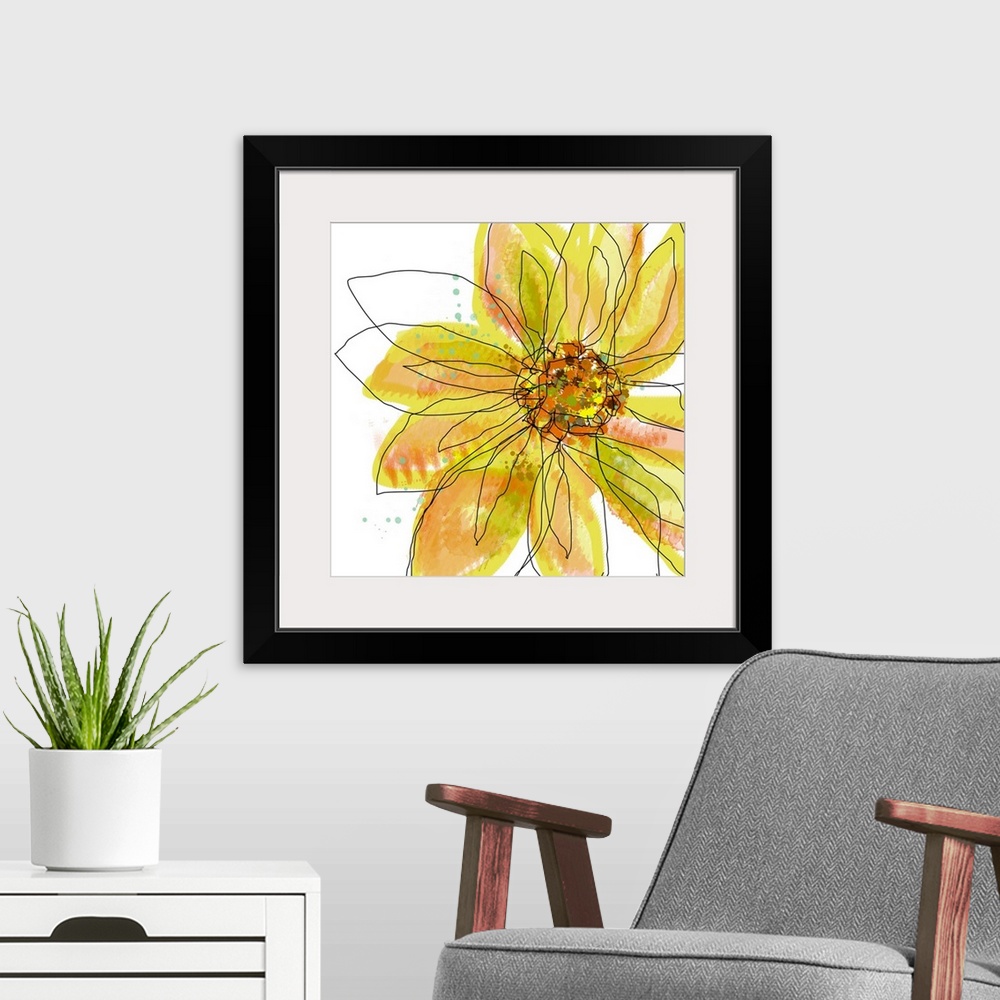 A modern room featuring Digital painting of a flower on square shaped wall art. The floweros shape is defined by gestural...