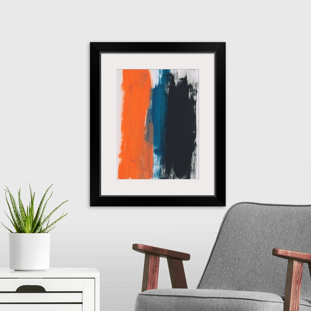 A modern room featuring Abstract painting of bold vertical brush strokes in orange, blue and black on a light gray backgr...