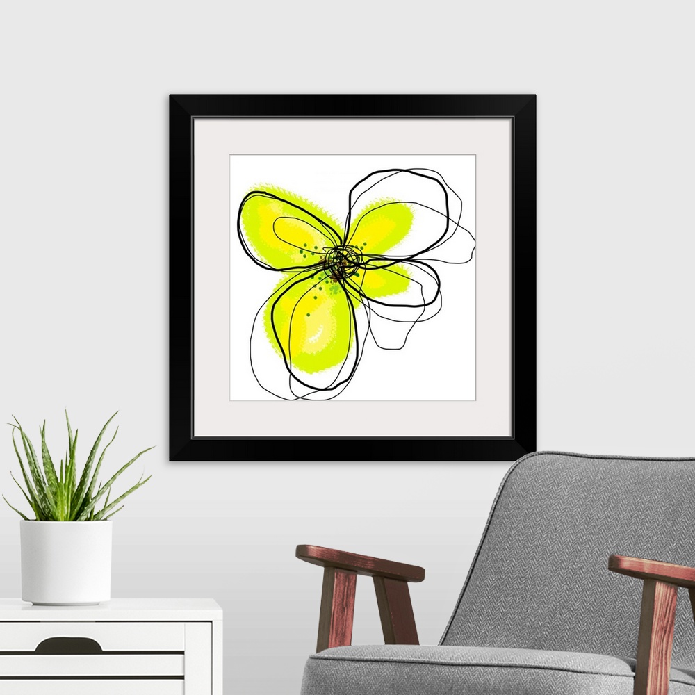 A modern room featuring Wall art that is square in shape, this is contemporary painting of a flower illustrated by layeri...