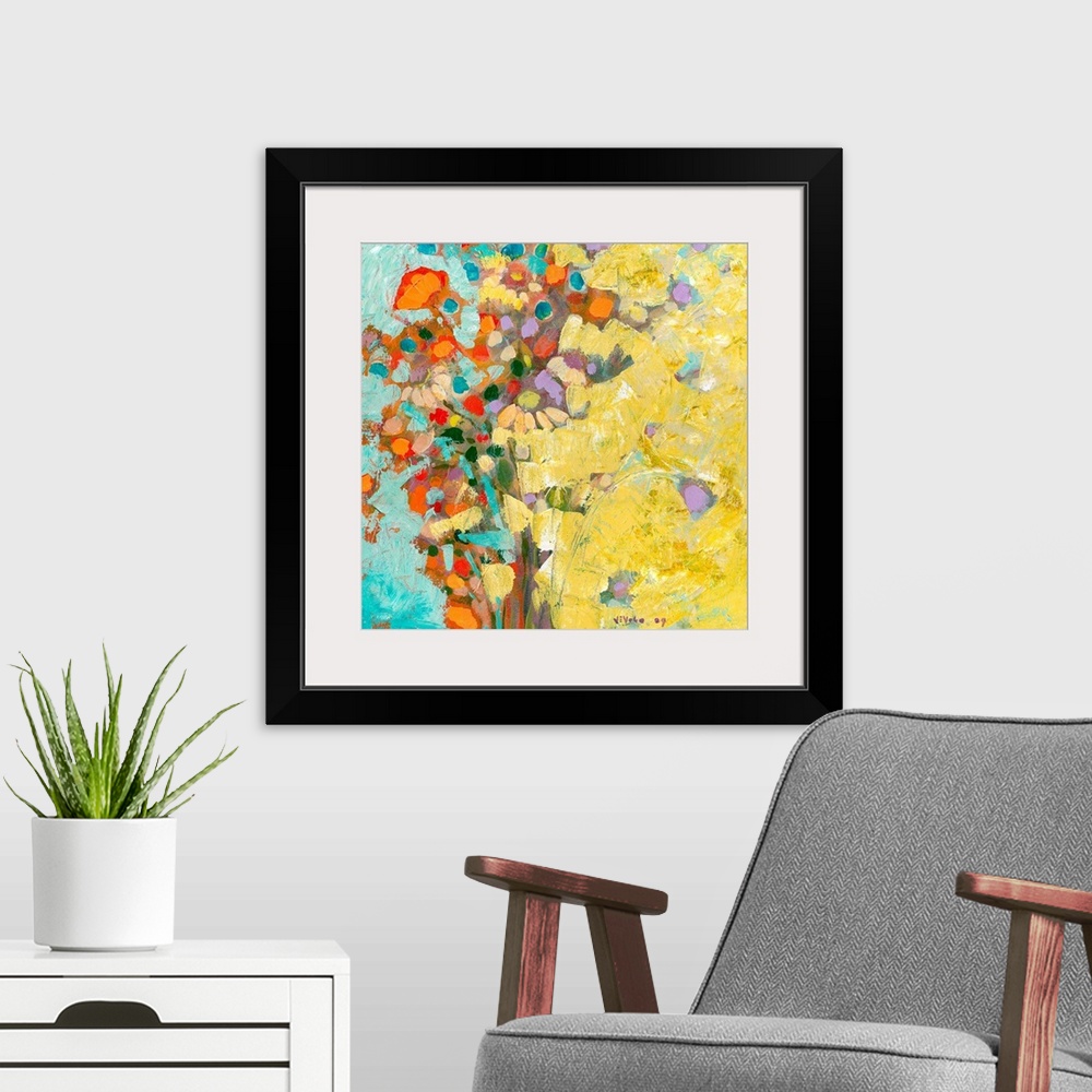 A modern room featuring Square painting of an abstract bouquet of flowers.