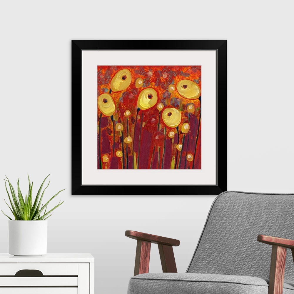 A modern room featuring Five floral pods stand out against a richly painted background in this wall art by a contemporary...