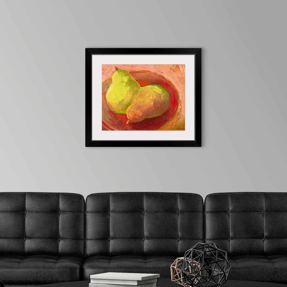 A modern room featuring Contemporary painting of two pieces of fruit in a bowl.