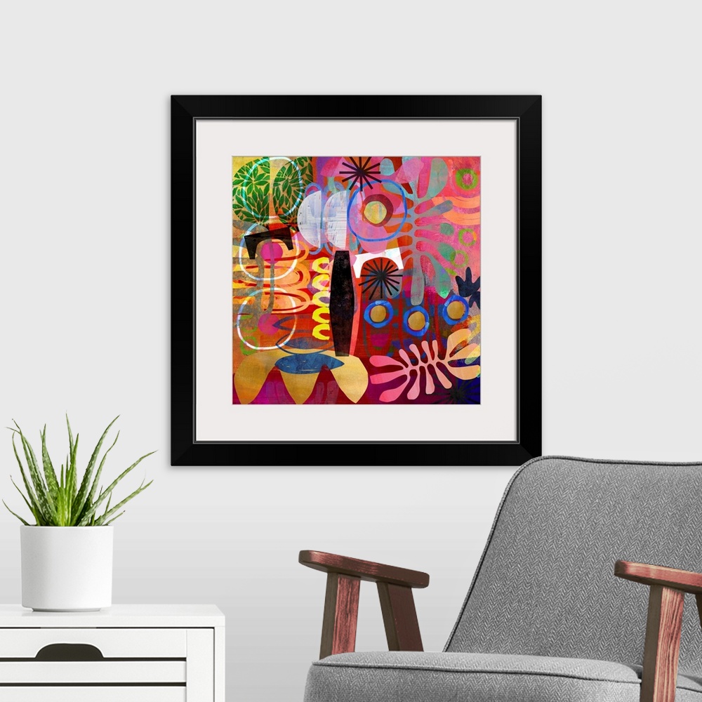 A modern room featuring A riotous jumble of abstract shapes in warm tones. A very impactful, maximalist work of art, it w...