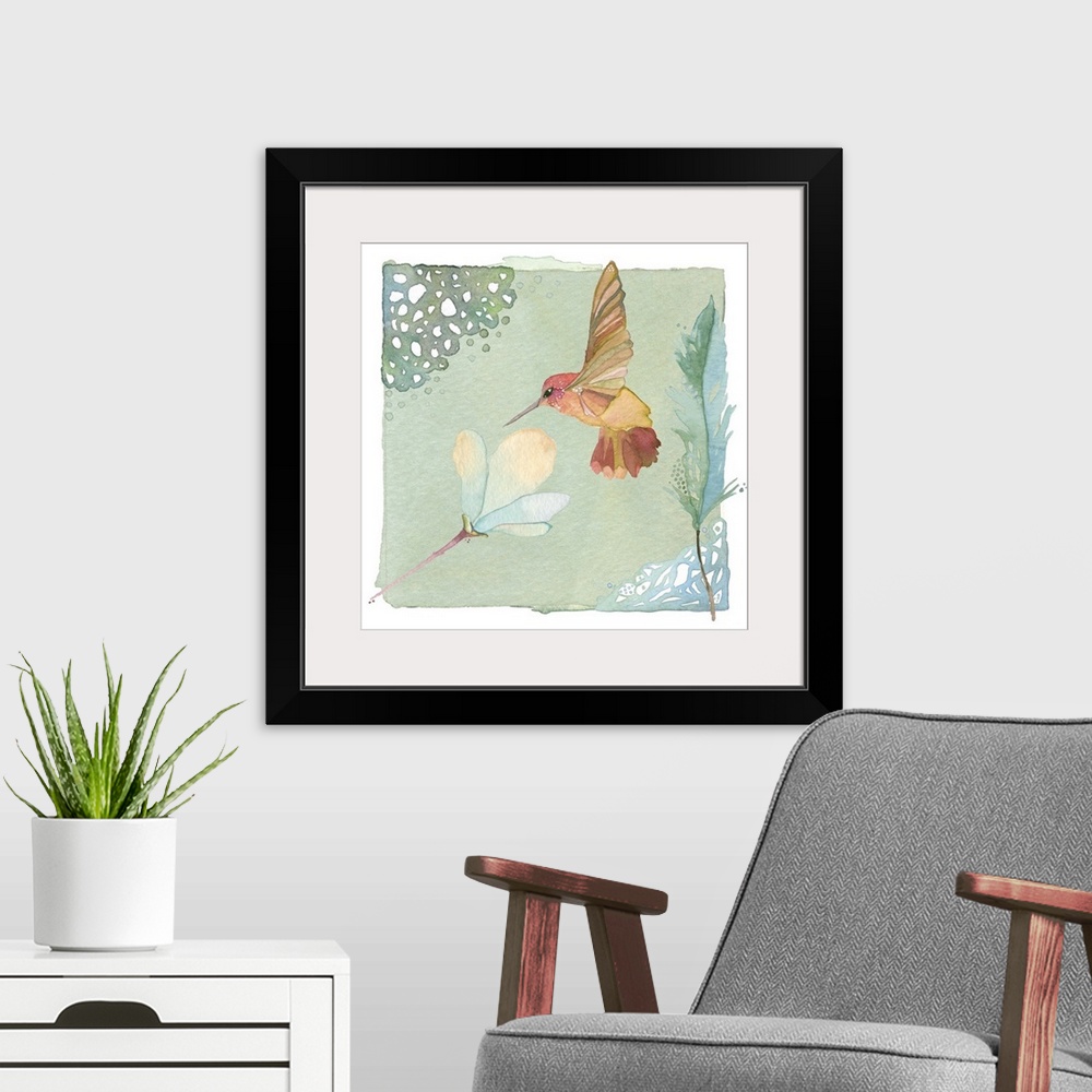 A modern room featuring Contemporary watercolor painting of a hummingbird feeding at a flower, in pastel tones.