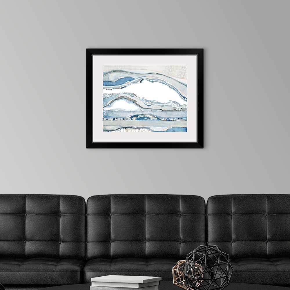 A modern room featuring Abstract organic watercolor painting of the tide line layers along the coastline