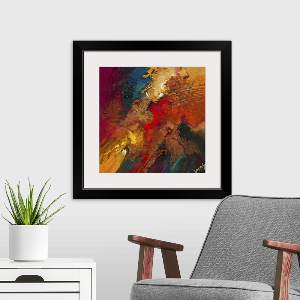 A modern room featuring Contemporary abstract painting using wild and vivid colors to create movement and depth.