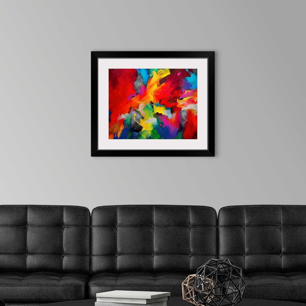 A modern room featuring Large abstract art incorporates jagged patches of vibrant colors with a few patterned sections of...