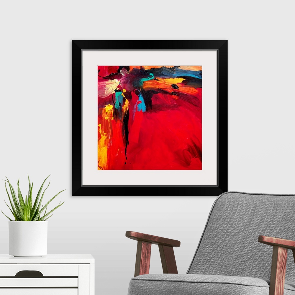 A modern room featuring Exciting contemporary painting with wild, bold brushstrokes emanating from the top left corner an...