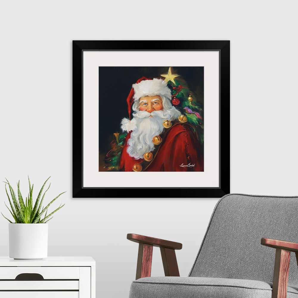 A modern room featuring Portrait of Santa with a tree in the background.
