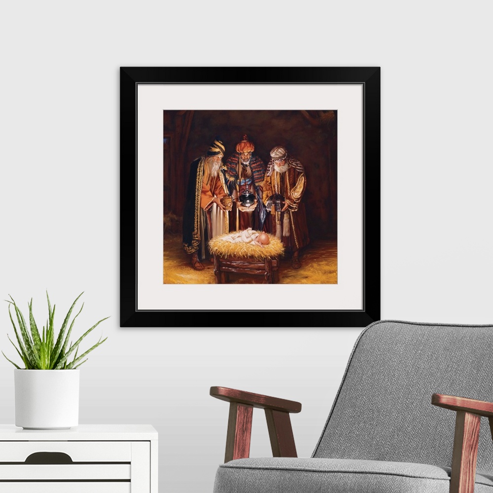 A modern room featuring Religious art of three wise men bringing baby Jesus gifts.