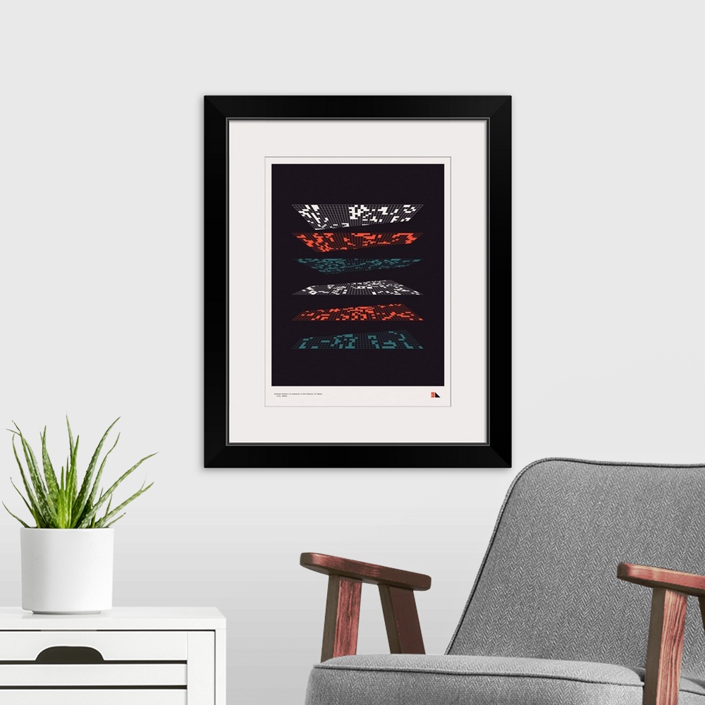A modern room featuring Graphic poster inspired by theories that speak of multiple dimensions and Conways Game of Life. T...