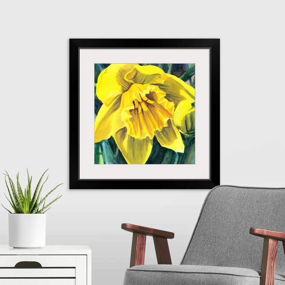 A modern room featuring Square watercolor painting of a yellow Daffodil.