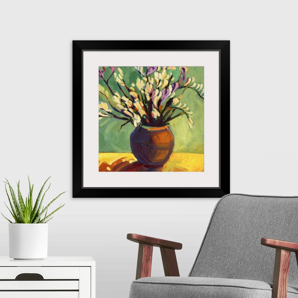 A modern room featuring A square painting of a vase of flowers in vibrant brush strokes.