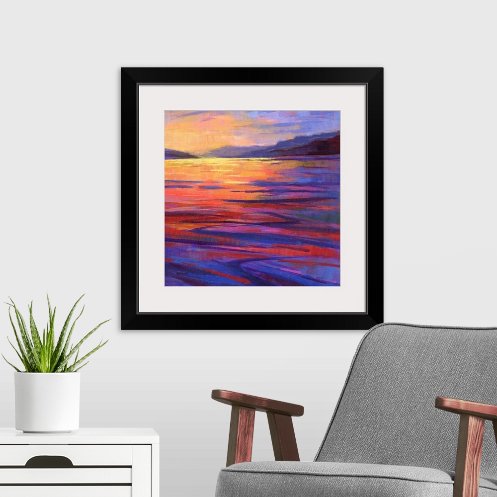 A modern room featuring A square contemporary painting of waves in the water at sunset.