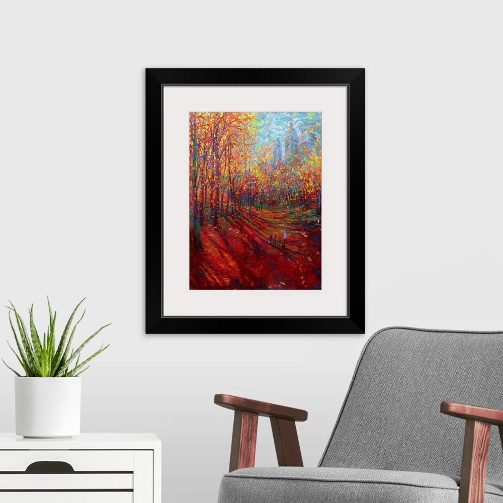 A modern room featuring Brightly colored contemporary artwork of a red fox in the forest.
