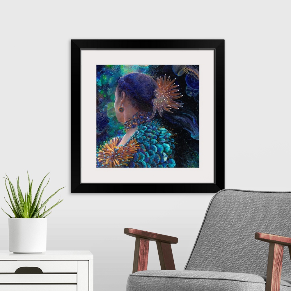 A modern room featuring Brightly colored contemporary artwork of a woman wearing anemones.