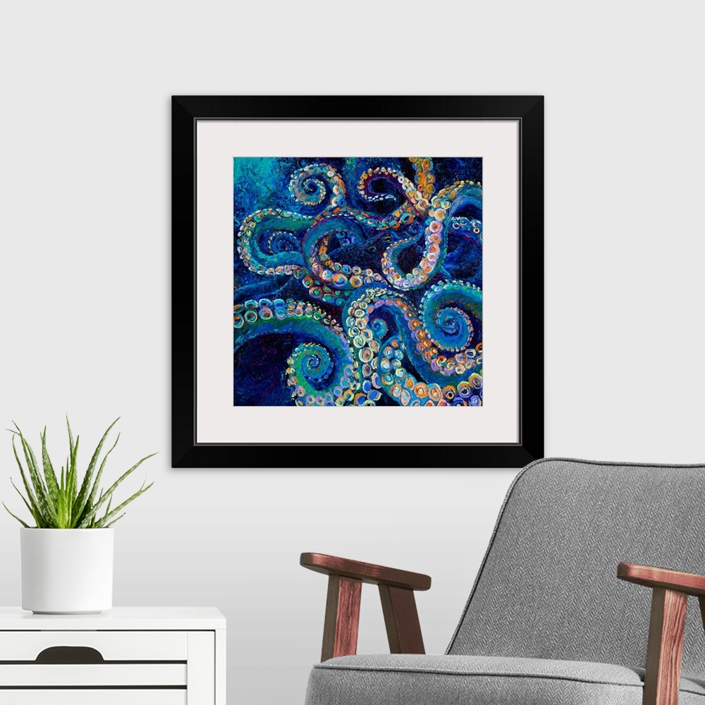 A modern room featuring Brightly colored contemporary artwork of a blue octopus.