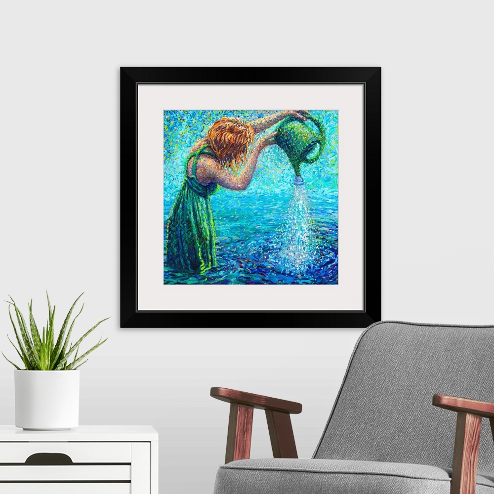 A modern room featuring Brightly colored contemporary artwork of a woman pouring water into a lake.