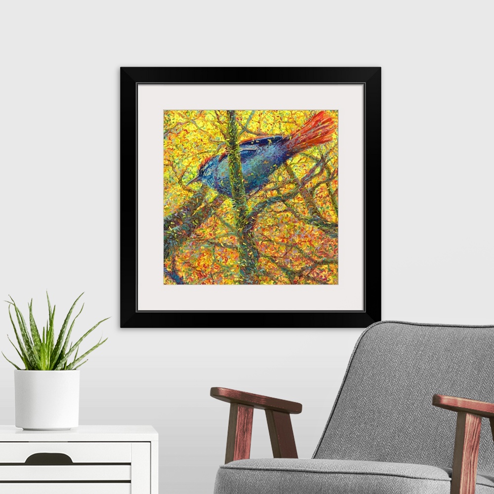 A modern room featuring Brightly colored contemporary artwork of a bluebird in a tree full of yellow leaves.