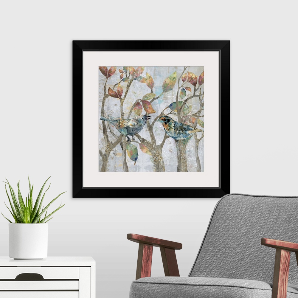 A modern room featuring A mixed media painting of two birds perched on tree limbs with hints of gold accents.