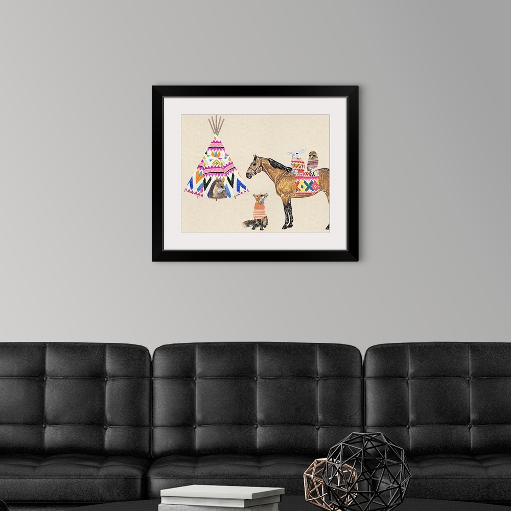 A modern room featuring Illustration of woodland creatures wearing sweaters with a tepee and horse on a linen background.