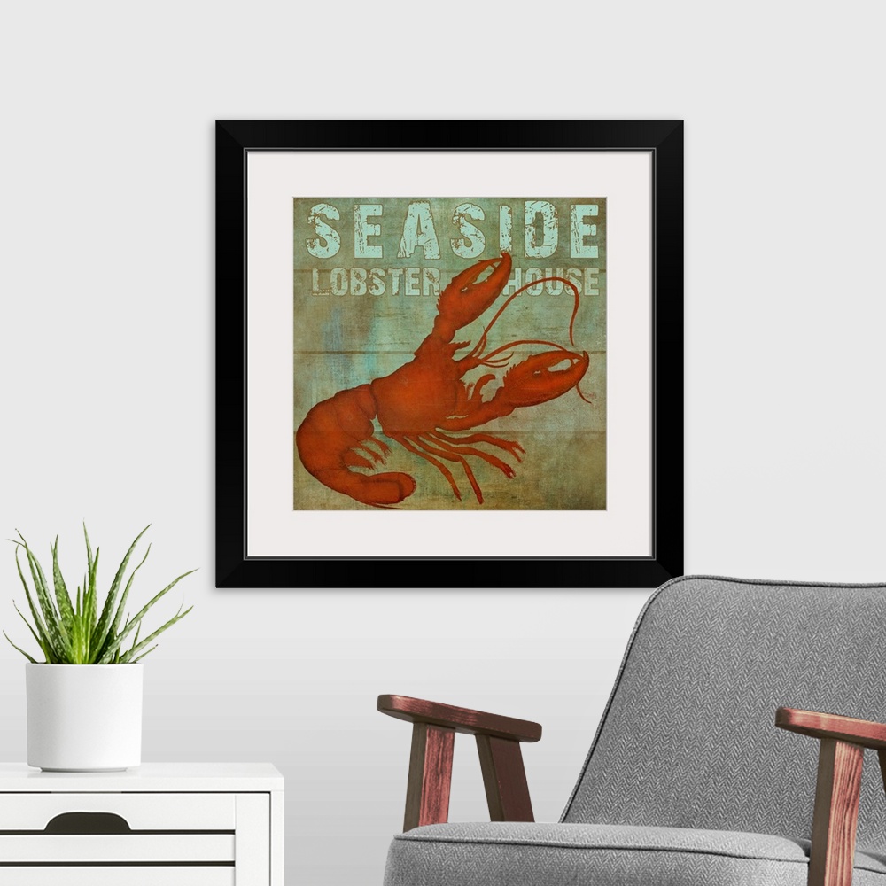 A modern room featuring Sign for fresh seafood with a weathered wooden appearance.