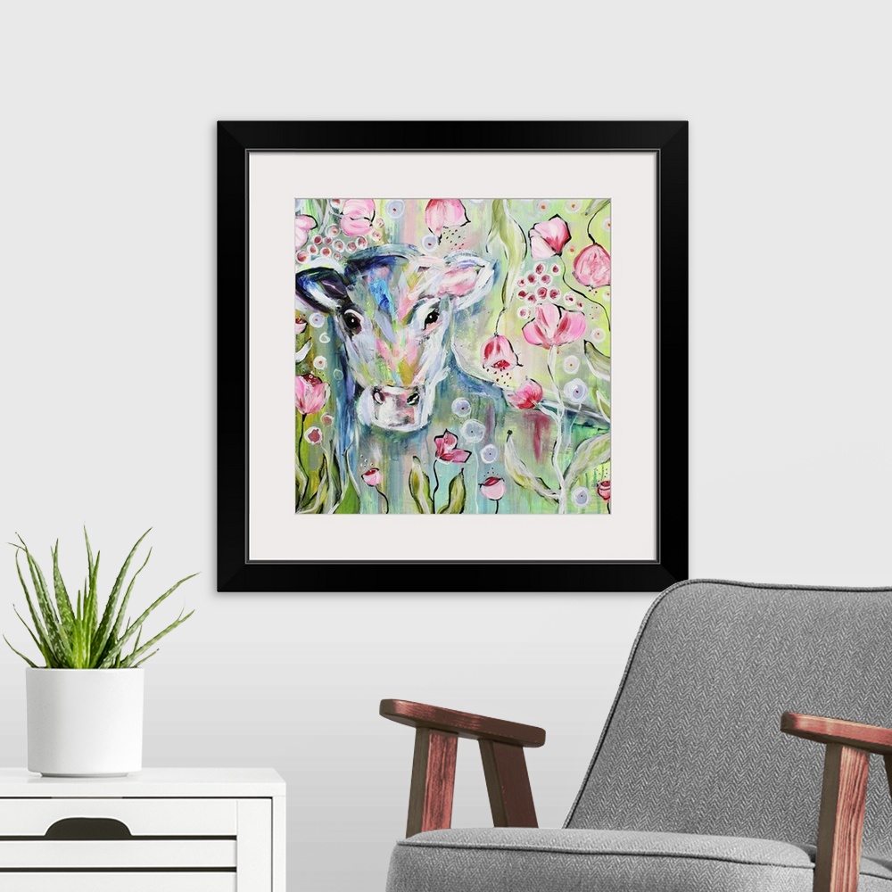 A modern room featuring Painting of a calf hiding among pink flowers.