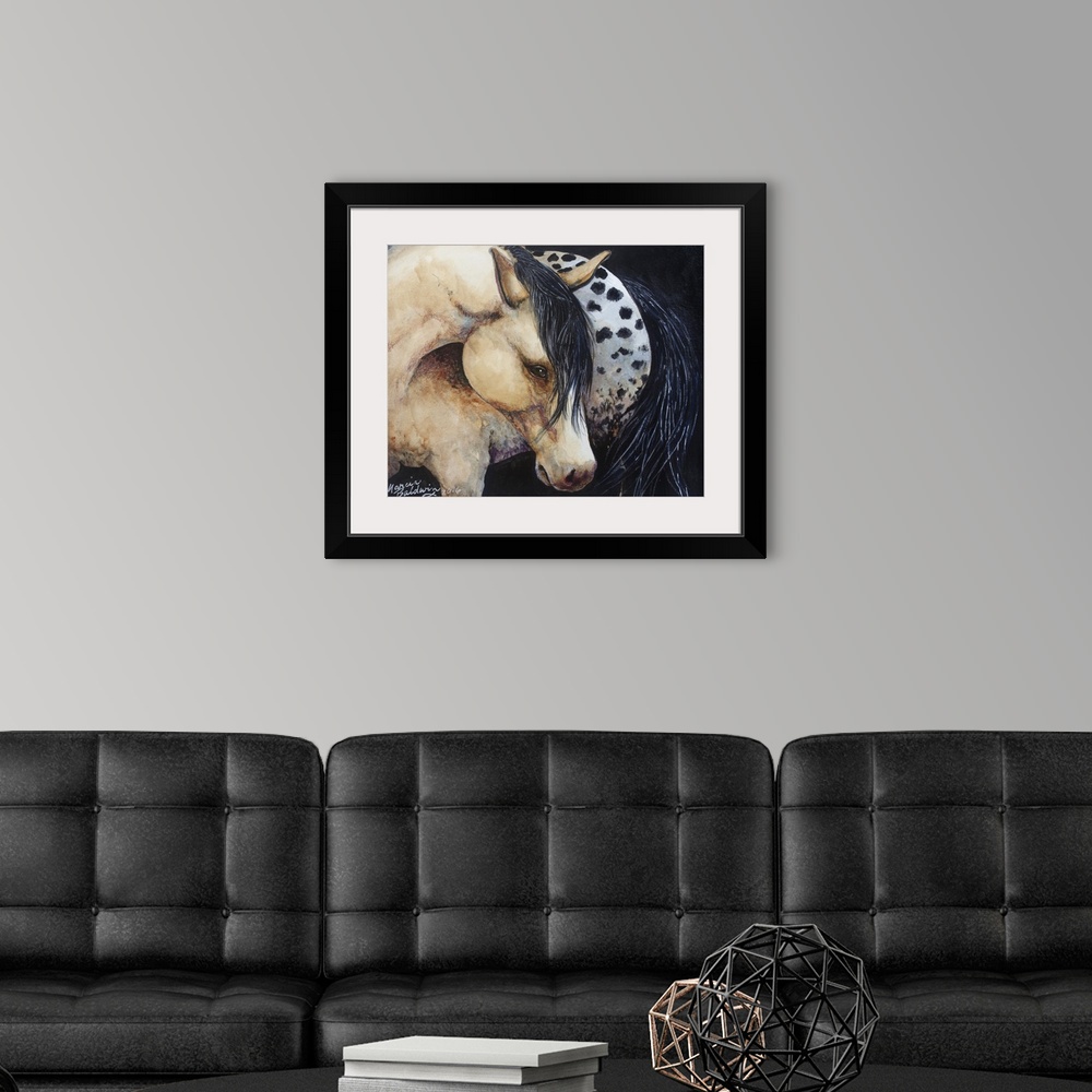 A modern room featuring Watercolor painting depicting the docile noble spirit of the Appaloosa horse.