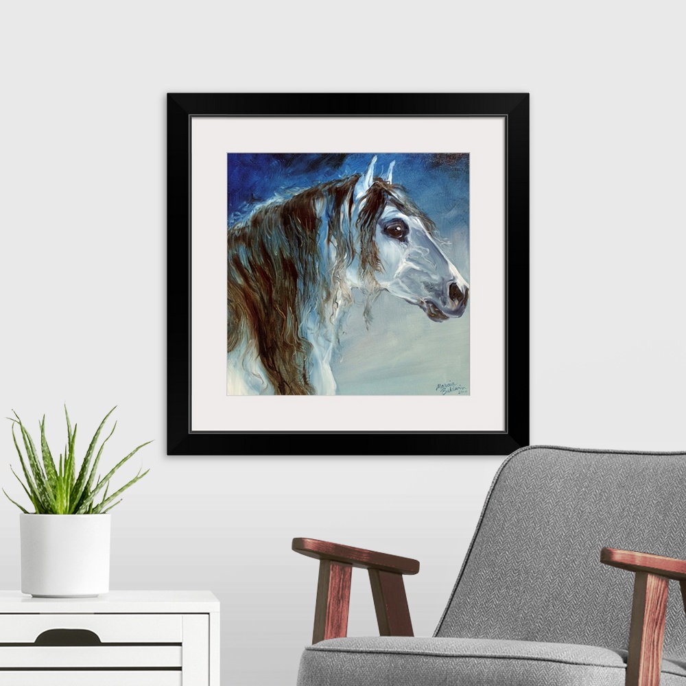 A modern room featuring Square painting of a horse created in cool tones.