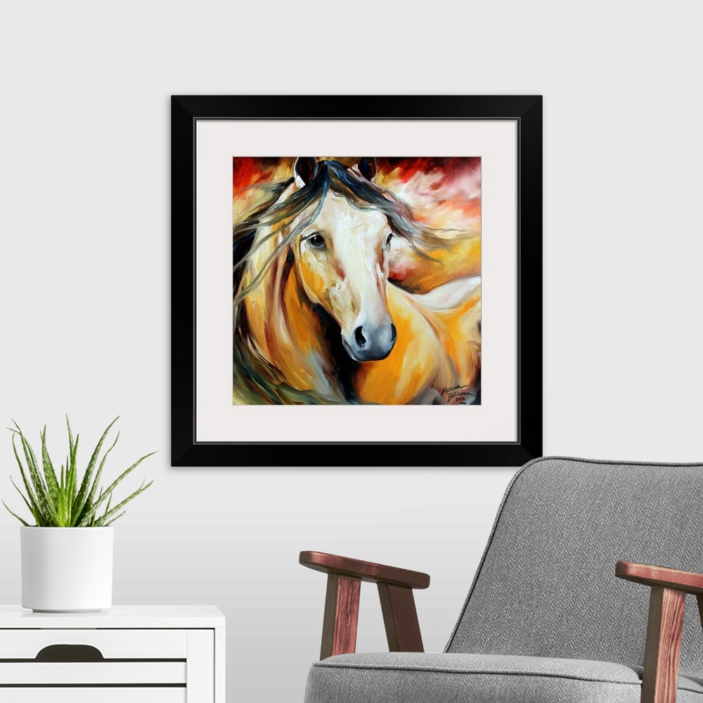A modern room featuring Square painting of a horse with a dark flowing mane on a yellow, red, and white background.