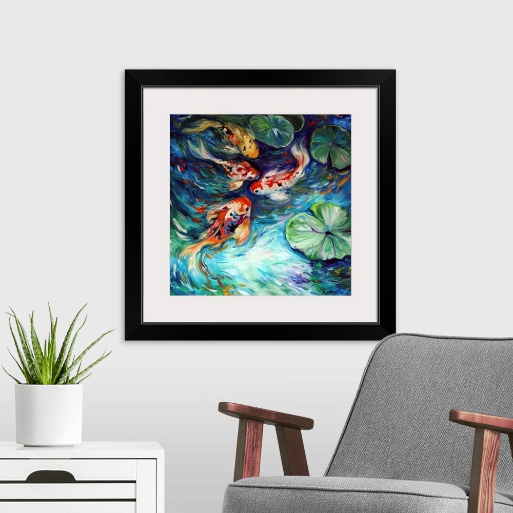 A modern room featuring Square painting of four koi fish in a pond with lily pads and curved brushstrokes.