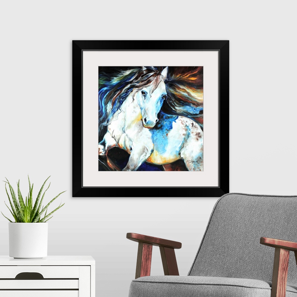 A modern room featuring Square painting of an Appaloosa horse in action with a colorful mane.