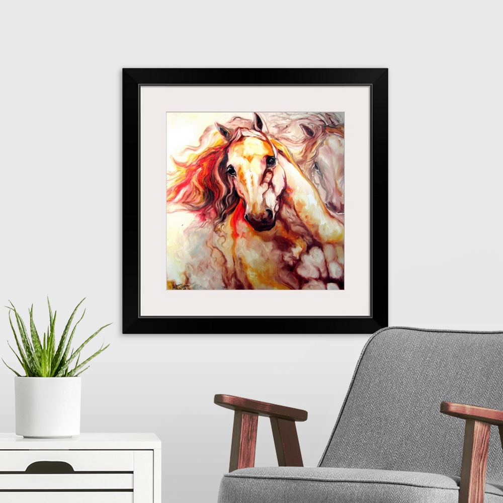 A modern room featuring Square abstract painting of two horses in motion in warm hues.