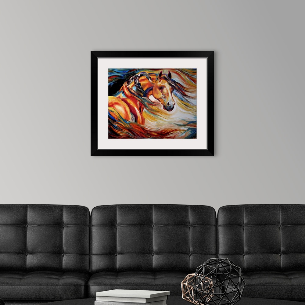 A modern room featuring Abstract painting of a horse created with colorful, wavy brushstrokes.