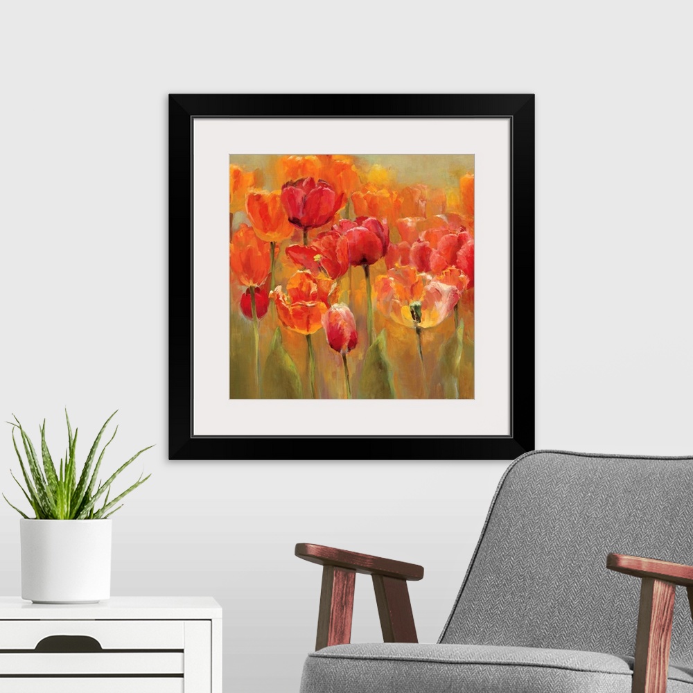 A modern room featuring Square painting of tulips with flame colors on a neutral background.