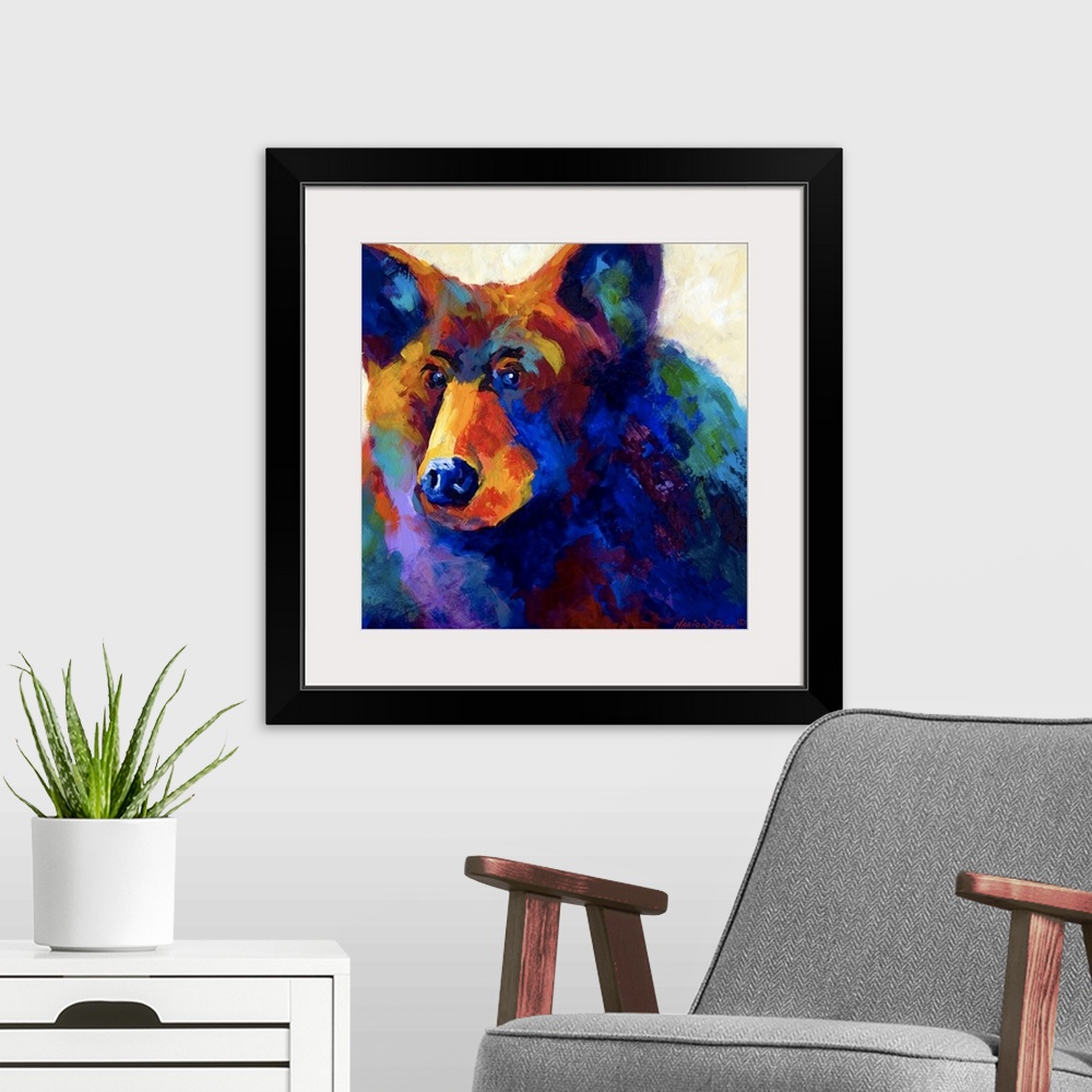 A modern room featuring Square abstract painting of a bear with short brush textures over it.