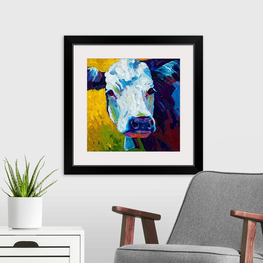 A modern room featuring This bovine beauty is ready to grace the walls of your living room or kitchen. A spirited use of ...