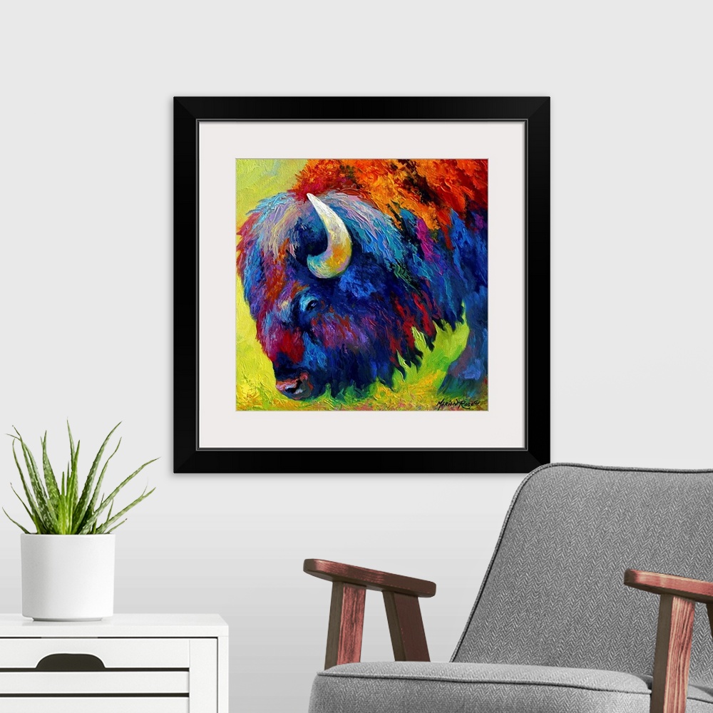 A modern room featuring Square abstract painting of a bison with bright colors.