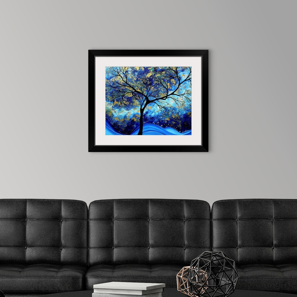 A modern room featuring Contemporary abstract painting of tree silhouette with tie-dye background.  There are also small ...