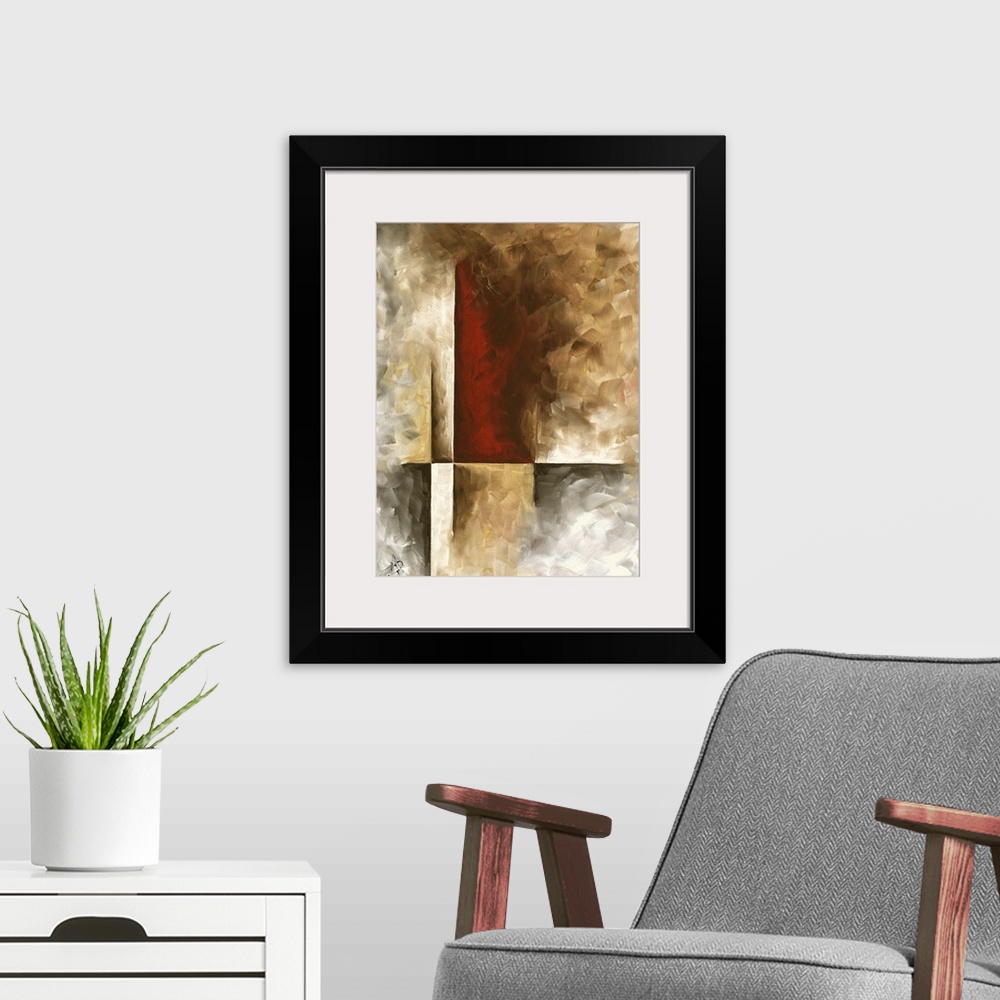 A modern room featuring Contemporary abstract painting in deep, earthy tones with rough texture.