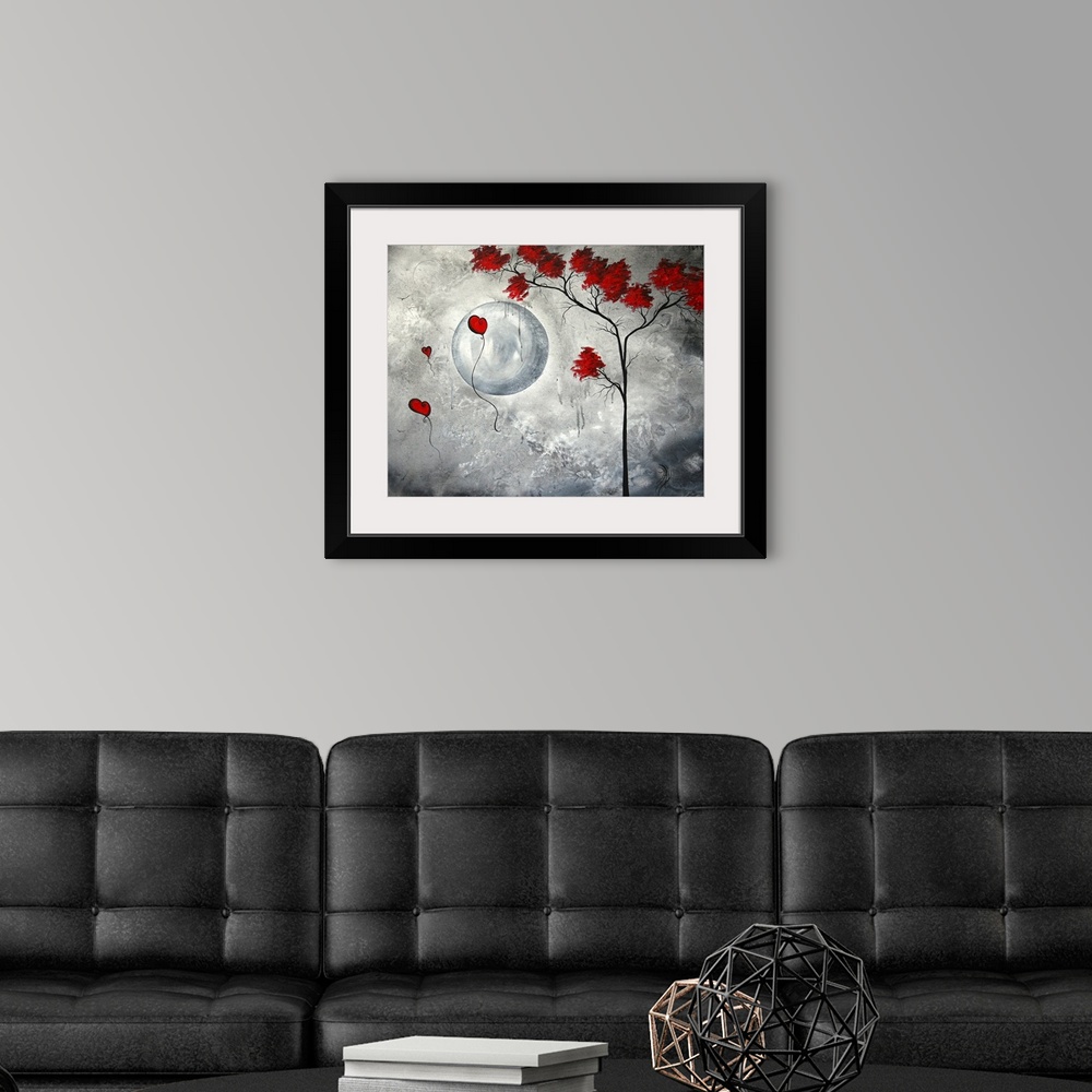 A modern room featuring Contemporary black and white painting of a tree with accents of red for it's leaves and heart sha...