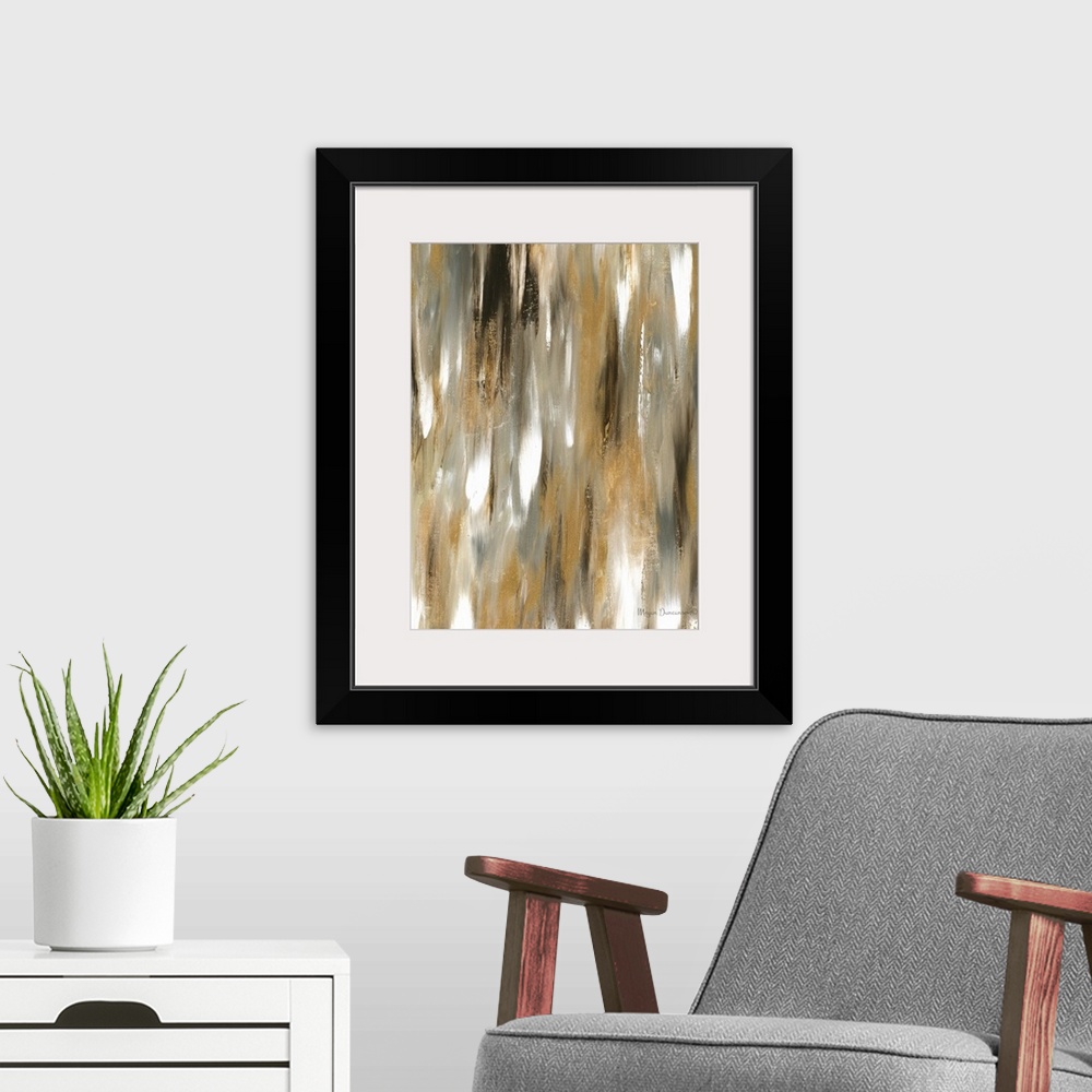 A modern room featuring A contemporary abstract painting that has a variety of brown and gold tones along with a little b...
